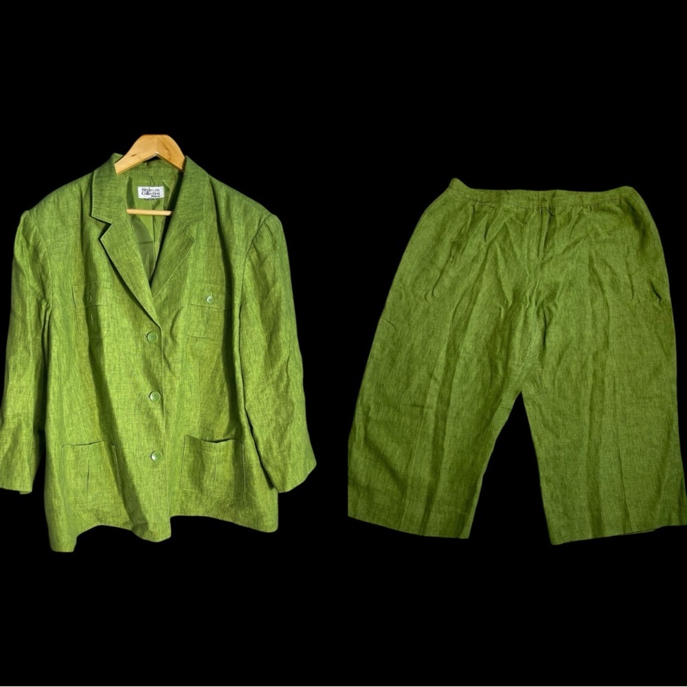 Style & Co 2pc Linen Pant Suit Set Green Blazer Pants 24W Plus
